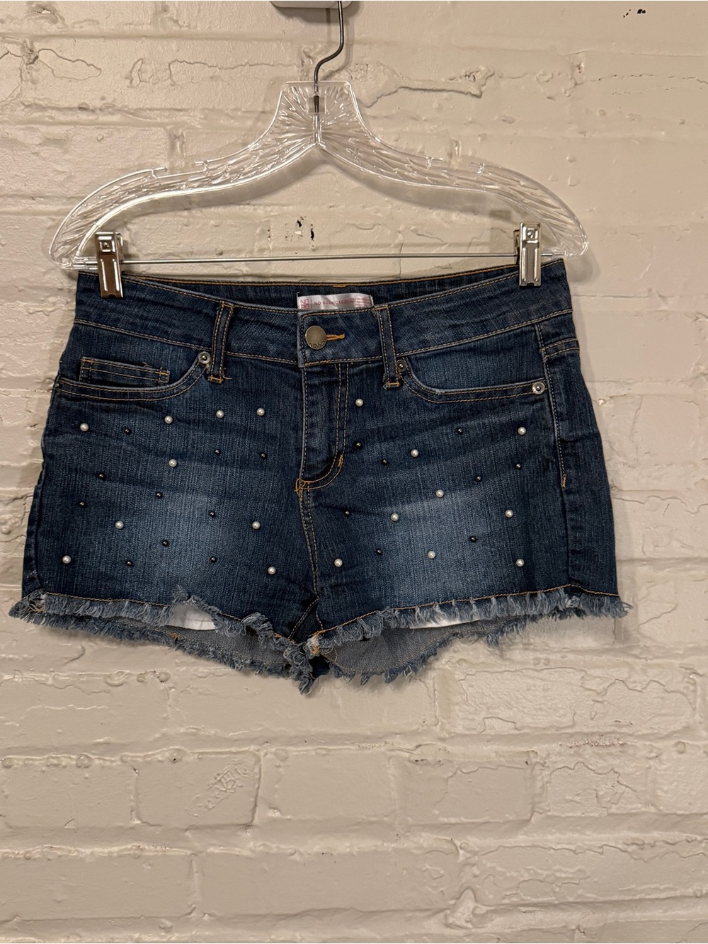 No Boundaries Beaded Pearled Jean Denim Shorts Bead Pearl Frayed